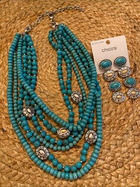 Chico’s turquoise-colored & metal station bib necklace with drop earrings